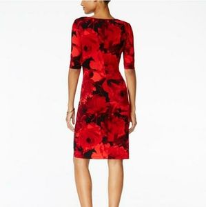 Floral-print Faux-wrap Red/Black Work/Office Dress